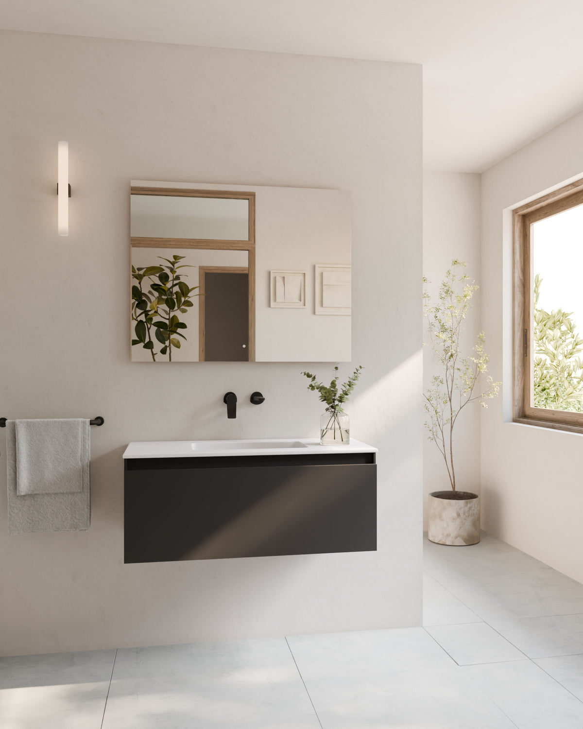 Zuri 1 tiroir Gris Cendré – avec plan vasque Toren Blanc, Tablier 2 cm, sans trou de robinet, vue de face