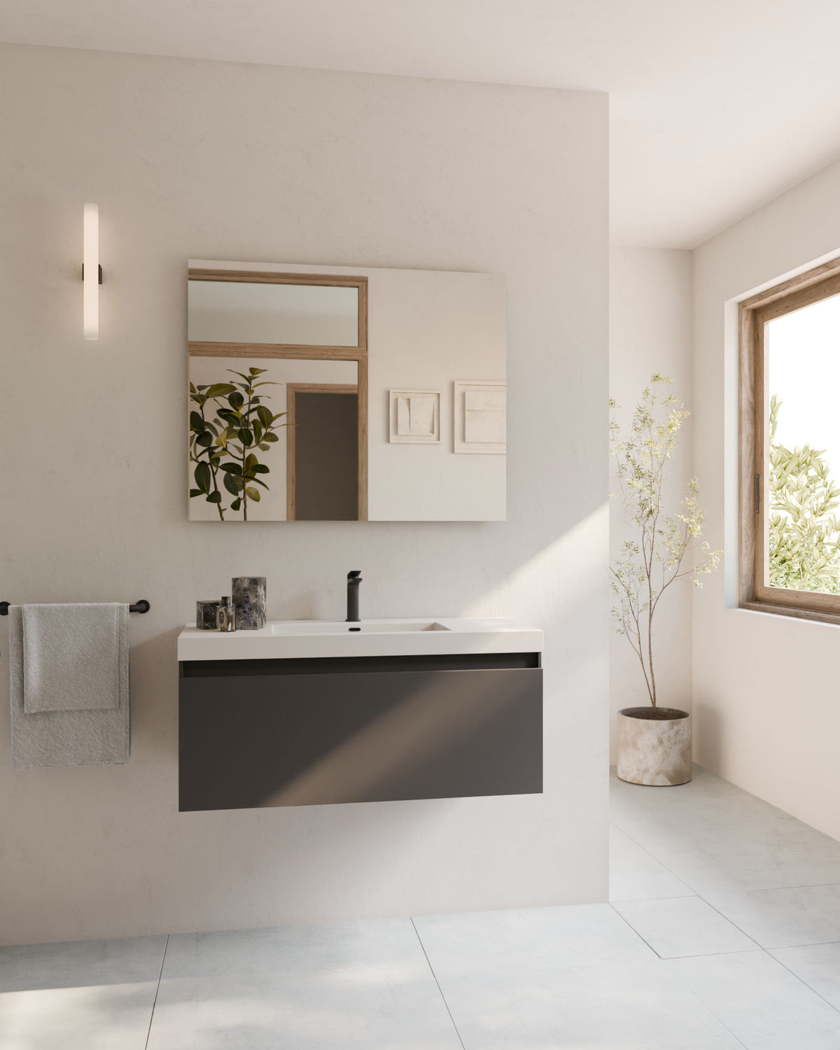 Zuri 1 tiroir Gris Cendré – avec plan vasque Ardelia Blanc, Tablier 6 cm, avec trou de robinet, vue de face
