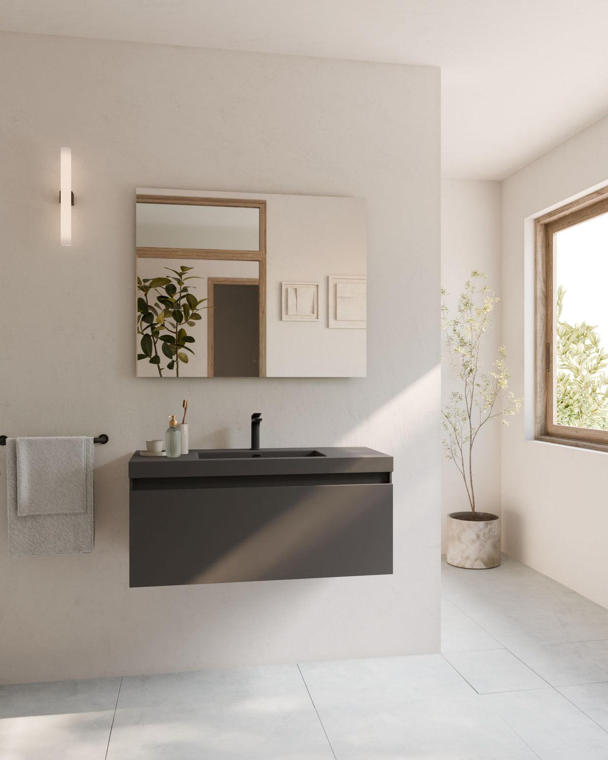 Zuri 1 tiroir Gris Cendré – avec plan vasque Ardelia Gris Cendré, Tablier 6 cm, avec trou de robinet, vue de face