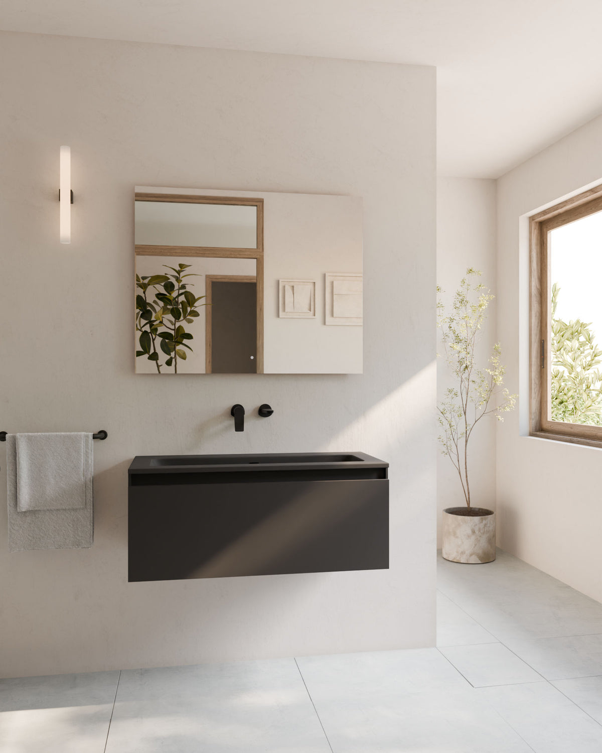 Zuri 1 tiroir Gris Cendré – avec plan vasque Meira Gris Cendré, Tablier 2 cm, sans trou de robinet, vue de face