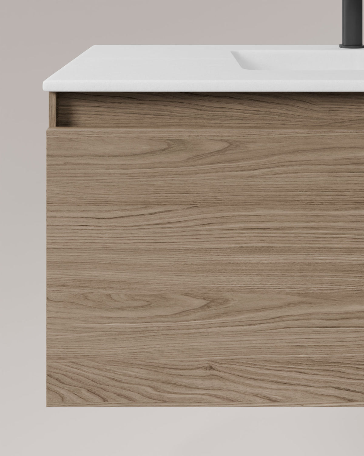 Zuri 1 cajón roble ahumado – con lavabo integrado Toren Blanco, Faldón 2 cm, sin agujero de grifo, vista de detalle