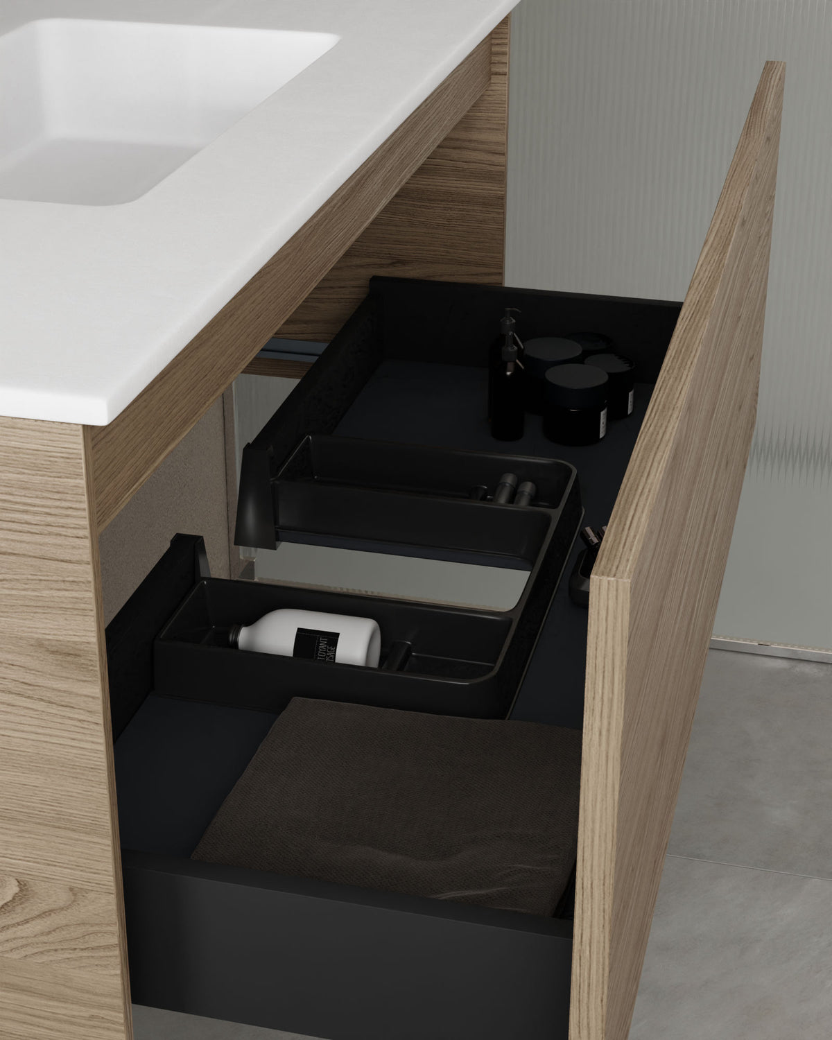 Zuri 1 cajón roble ahumado – con lavabo integrado Toren Blanco, Faldón 2 cm, sin agujero de grifo, vista del cajón