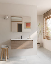 Zuri 1 cajón roble ahumado – con lavabo integrado Toren Blanco, Faldón 2 cm, con agujero de grifo, vista frontal