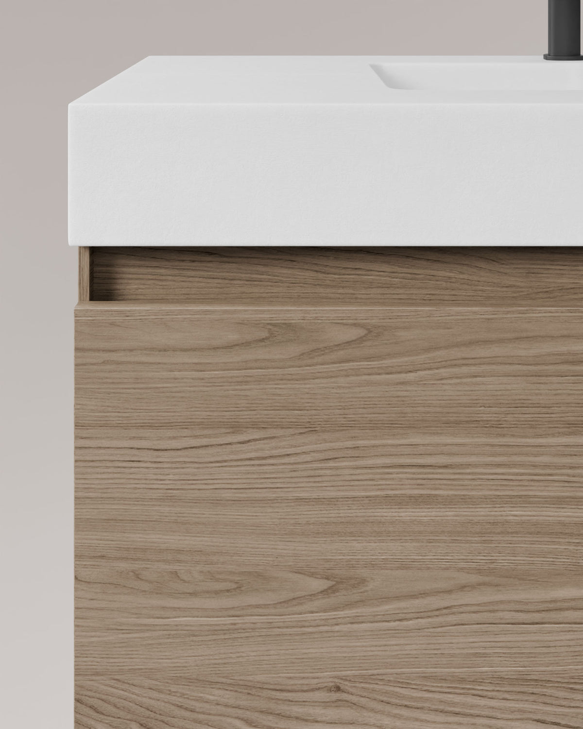 Zuri 1 cajón roble ahumado – con lavabo integrado Toren Blanco, Faldón 10 cm, sin agujero de grifo, vista de detalle