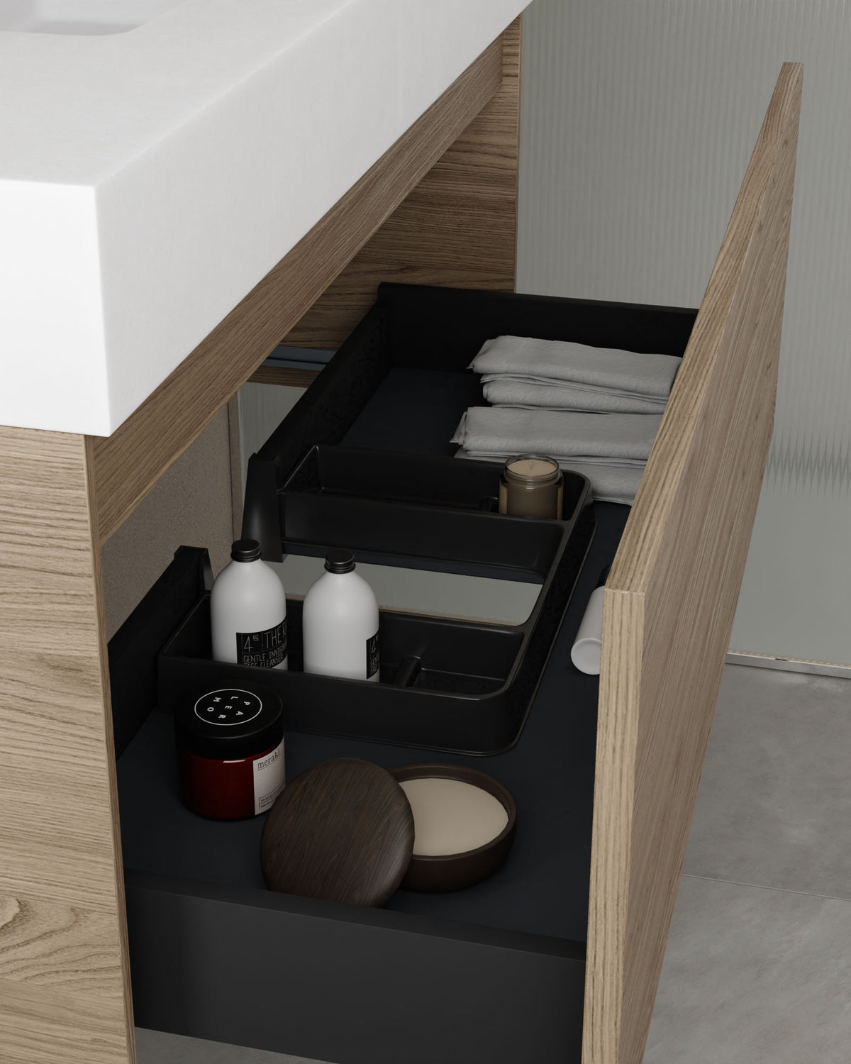 Zuri 1 cajón roble ahumado – con lavabo integrado Toren Blanco, Faldón 10 cm, sin agujero de grifo, vista del cajón