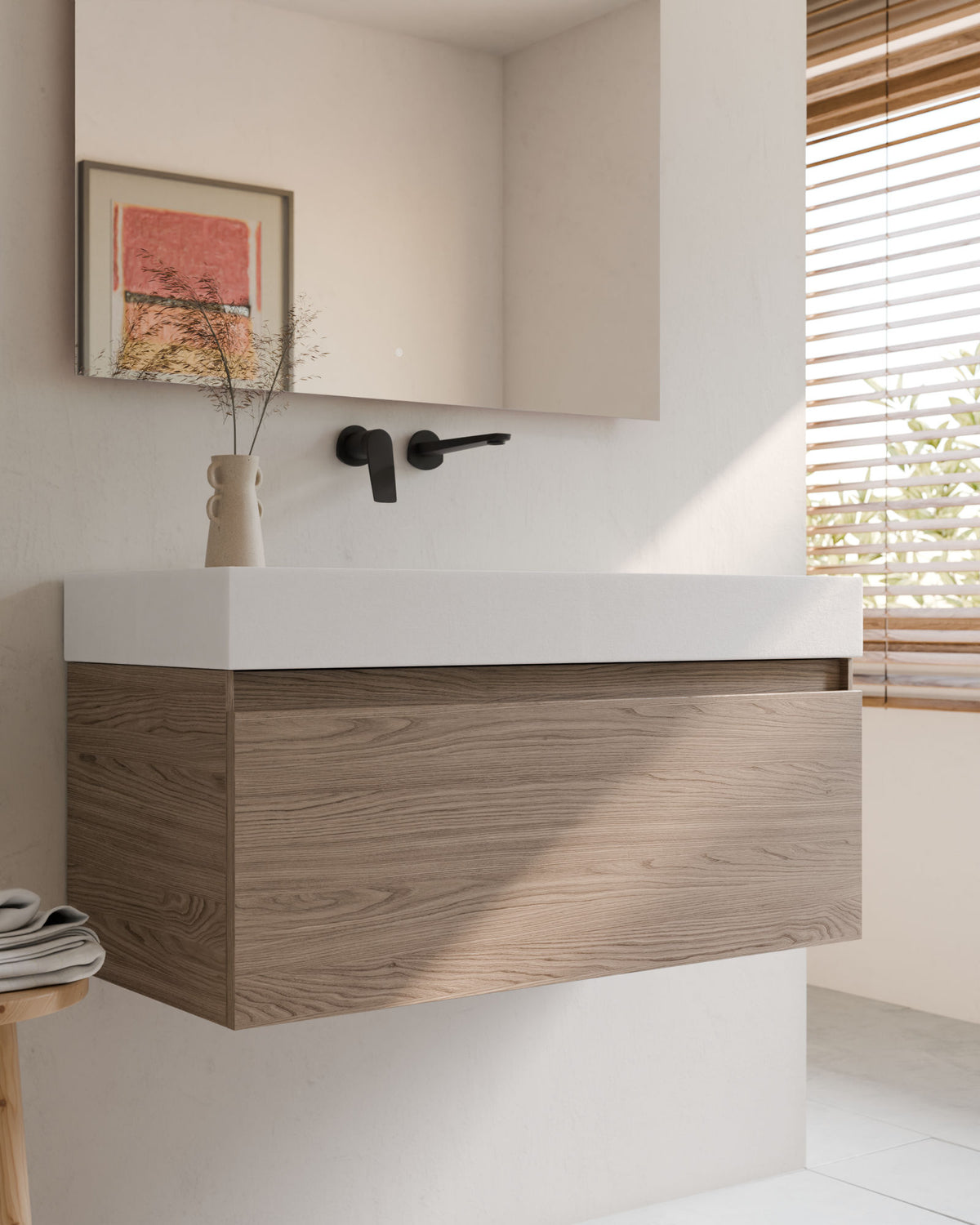 Zuri 1 cajón roble ahumado – con lavabo integrado Toren Blanco, Faldón 10 cm, sin agujero de grifo, primer plano