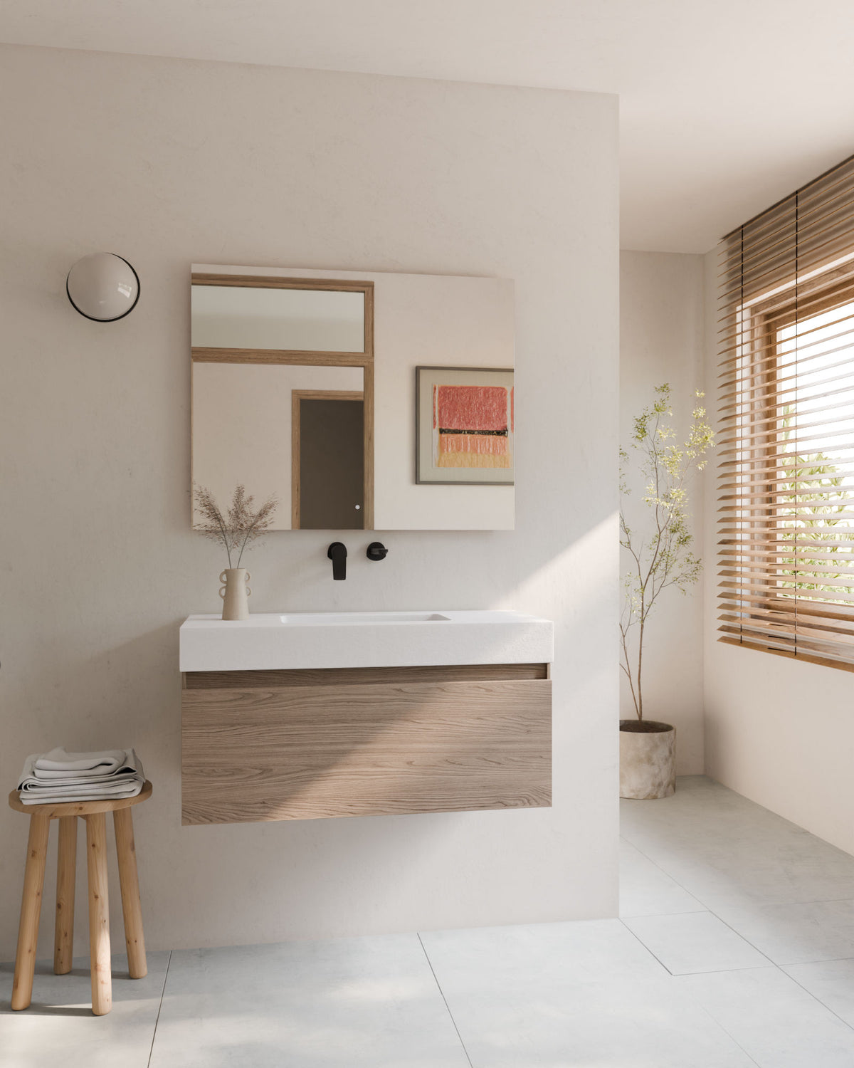 Zuri 1 cajón roble ahumado – con lavabo integrado Toren Blanco, Faldón 10 cm, sin agujero de grifo, vista frontal