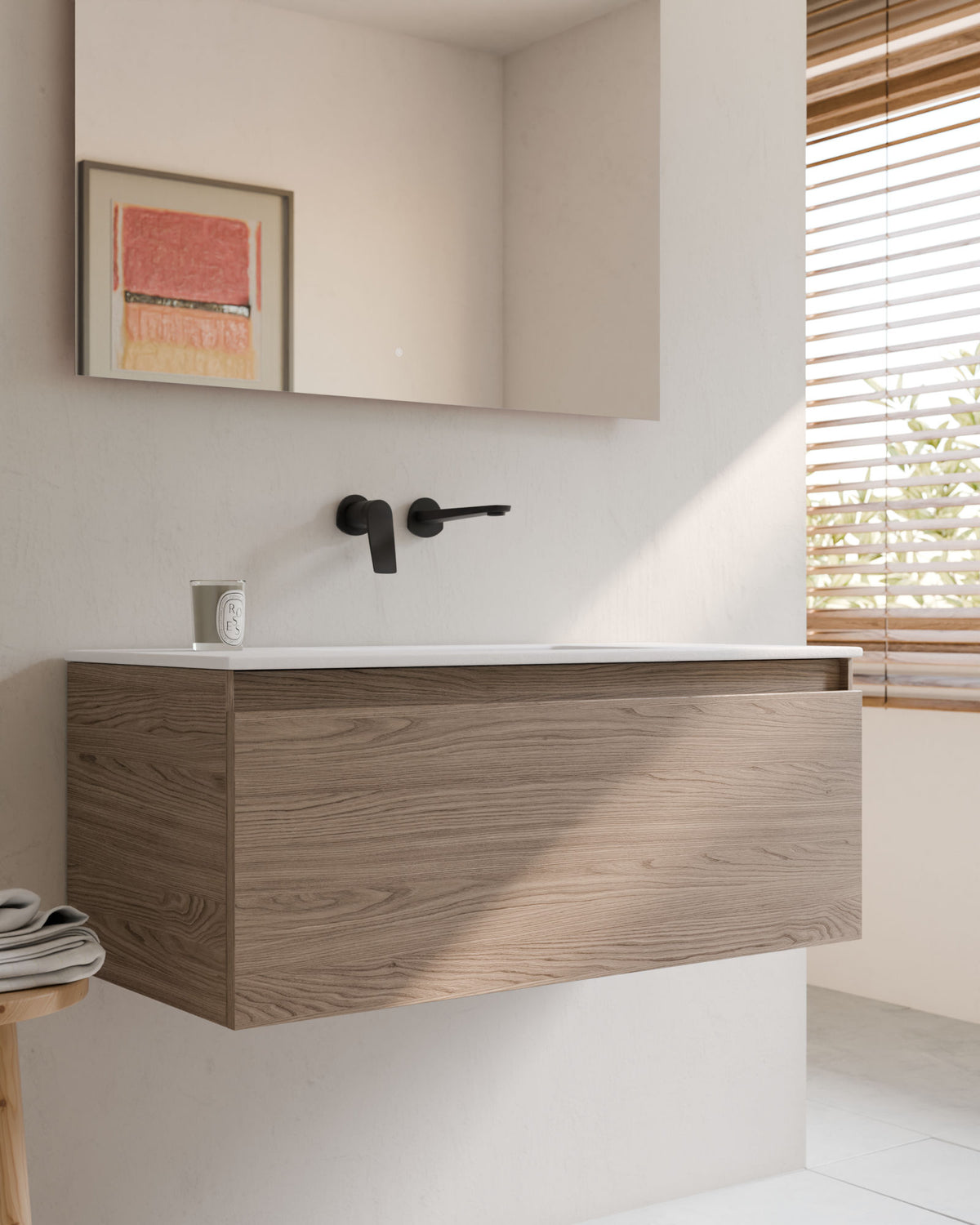 Zuri 1 cajón roble ahumado – con lavabo integrado Toren Blanco, Faldón 2 cm, sin agujero de grifo, primer plano