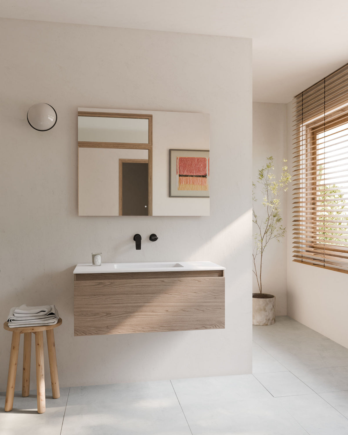 Zuri 1 cajón roble ahumado – con lavabo integrado Toren Blanco, Faldón 2 cm, sin agujero de grifo, vista frontal