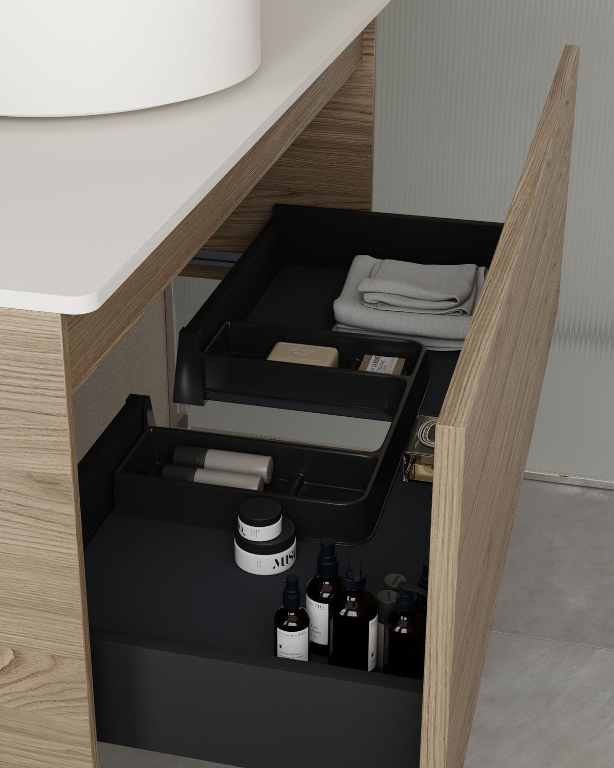 Zuri 1 cajón roble ahumado – con encimera Blanco, vista del cajón