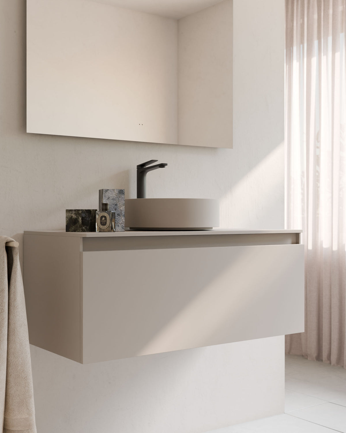 Zuri 1 Schublade Taupe – mit Arbeitsplatte Taupe, Nahaufnahme