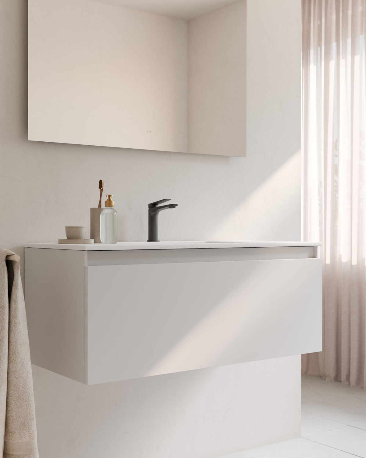 Zuri 1 tiroir Blanc – avec plan vasque Toren Blanc, Tablier 2 cm, avec trou de robinet, gros plan