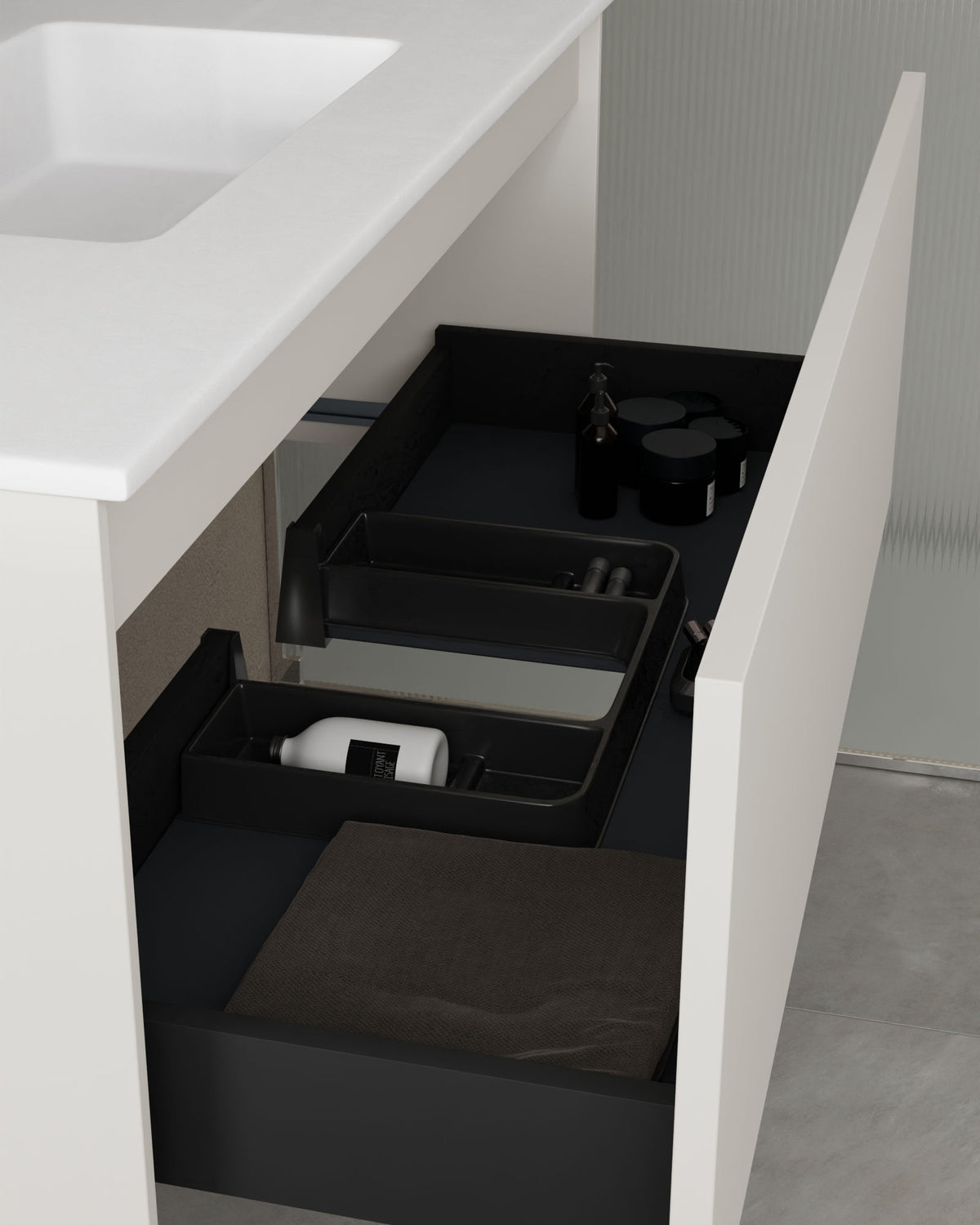 Zuri 1 tiroir Blanc – avec plan vasque Toren Blanc, Tablier 2 cm, sans trou de robinet, vue du tiroir