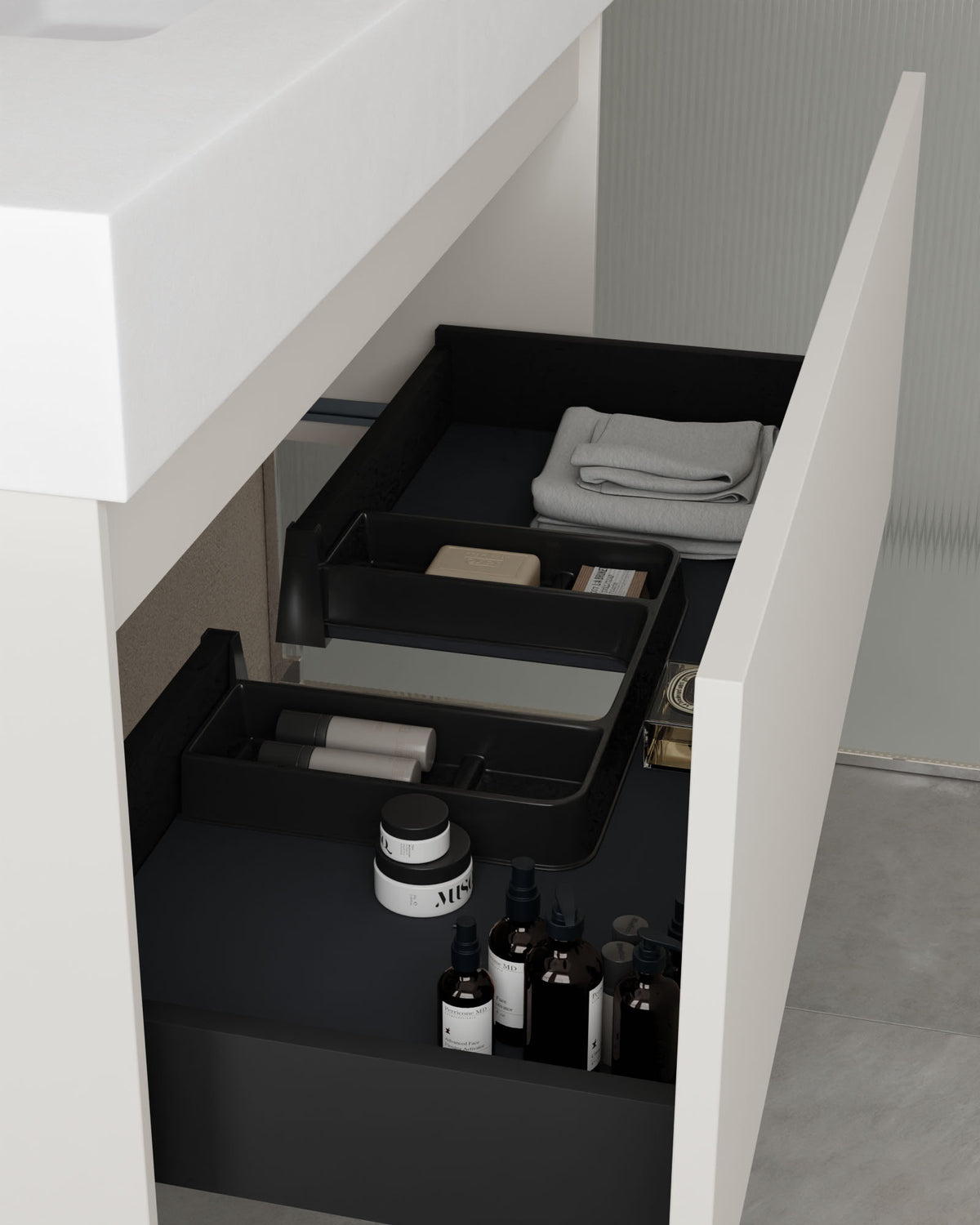Zuri 1 tiroir Blanc – avec plan vasque Toren Blanc, Tablier 10 cm, sans trou de robinet, vue du tiroir
