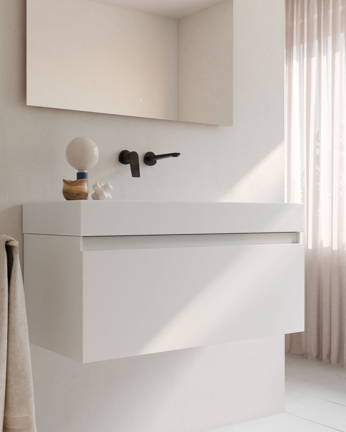 Zuri 1 tiroir Blanc – avec plan vasque Toren Blanc, Tablier 10 cm, sans trou de robinet, gros plan