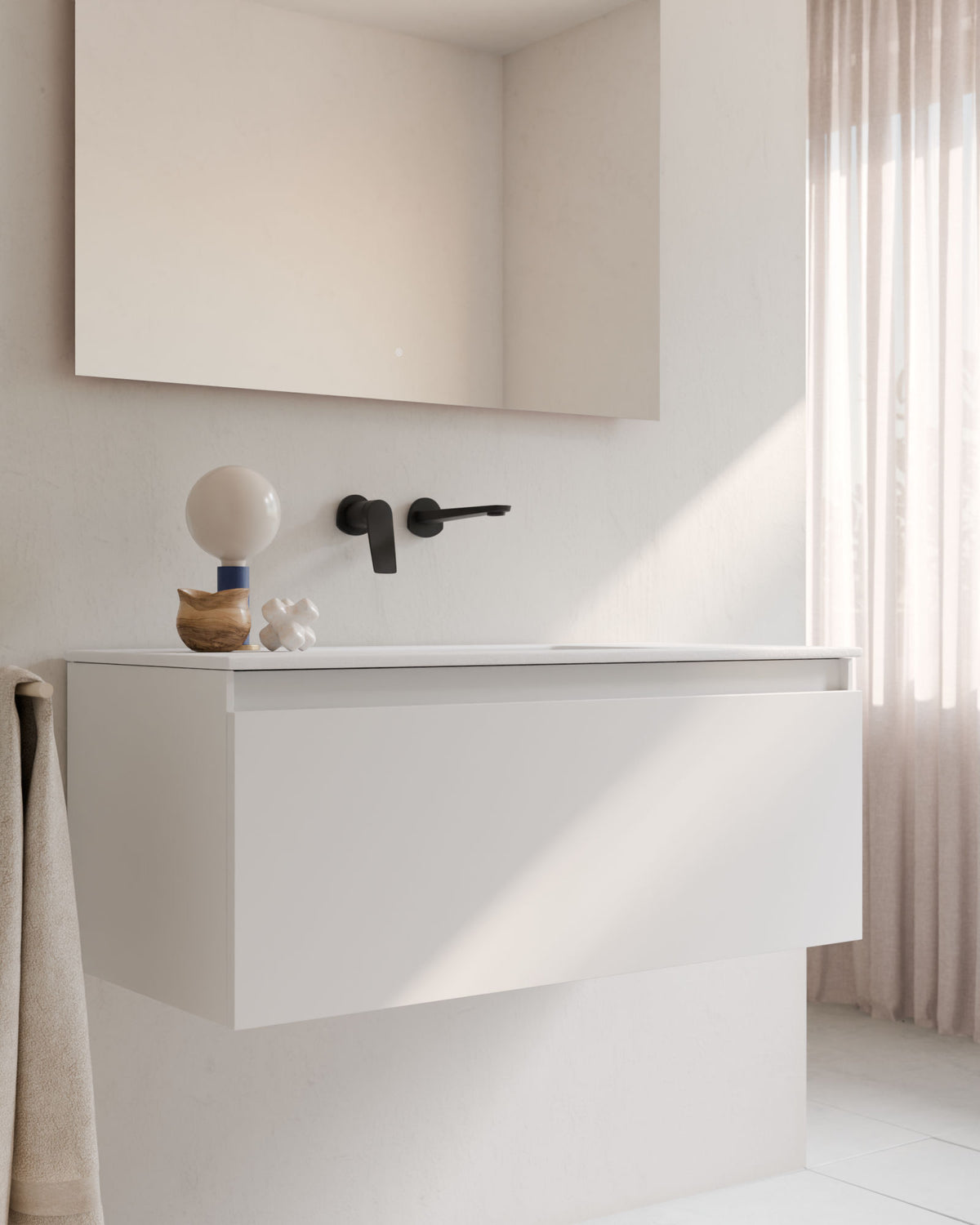 Zuri 1 tiroir Blanc – avec plan vasque Toren Blanc, Tablier 2 cm, sans trou de robinet, gros plan