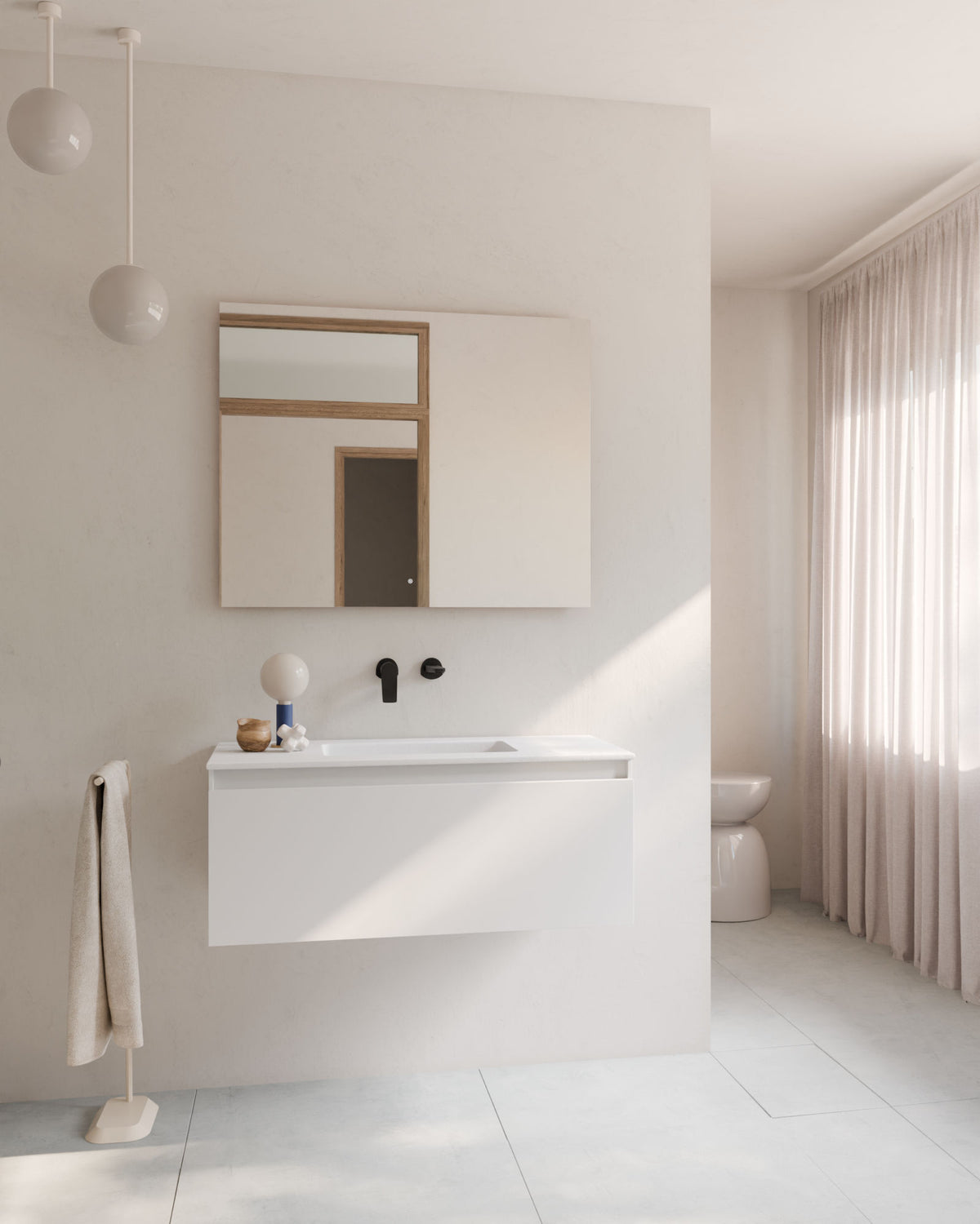 Zuri 1 tiroir Blanc – avec plan vasque Toren Blanc, Tablier 2 cm, sans trou de robinet, vue de face