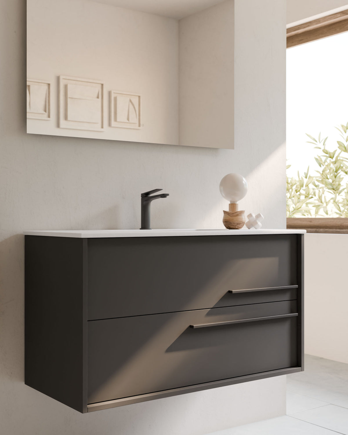 Marel 2 cajones gris ceniza grafito – con lavabo integrado Toren Blanco, Faldón 2 cm, con agujero de grifo, primer plano