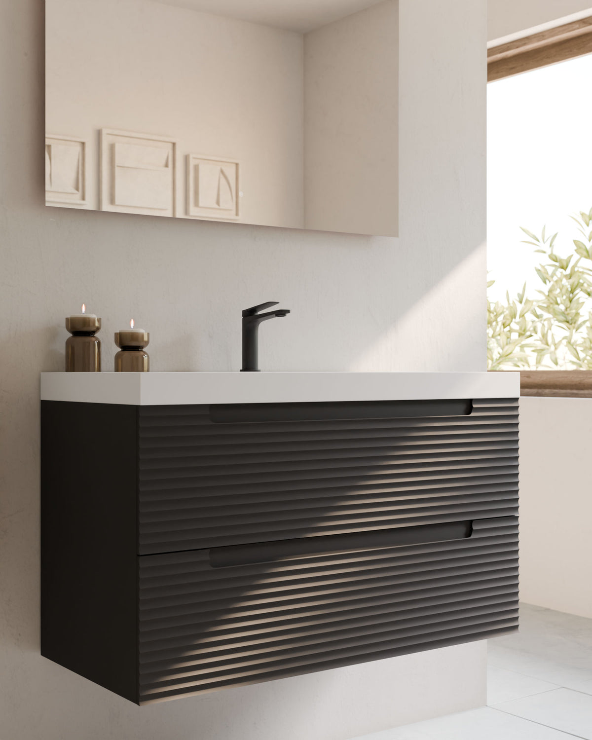 Kairo 2 Schubladen Aschgrau – mit Möbelwaschtisch Ardelia Weiß, Schürze 6 cm, mit Hahnloch, Nahaufnahme