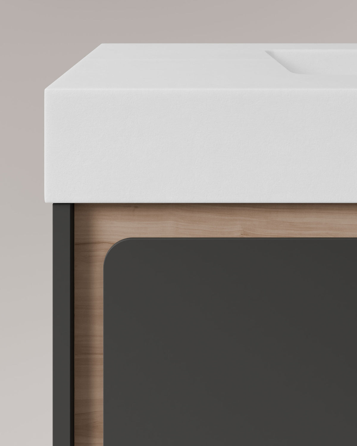 Cyra 2 tiroirs Gris Cendré Chêne Ivoire – avec plan vasque Toren Blanc, Tablier 10 cm, sans trou de robinet, vue de détail