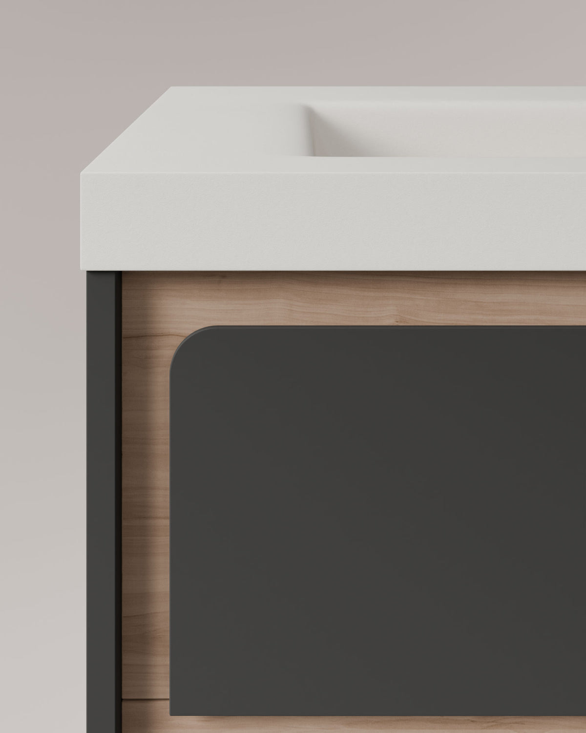 Cyra 2 tiroirs Gris Cendré Chêne Ivoire – avec plan vasque Ardelia Blanc, Tablier 6 cm, avec trou de robinet, vue de détail