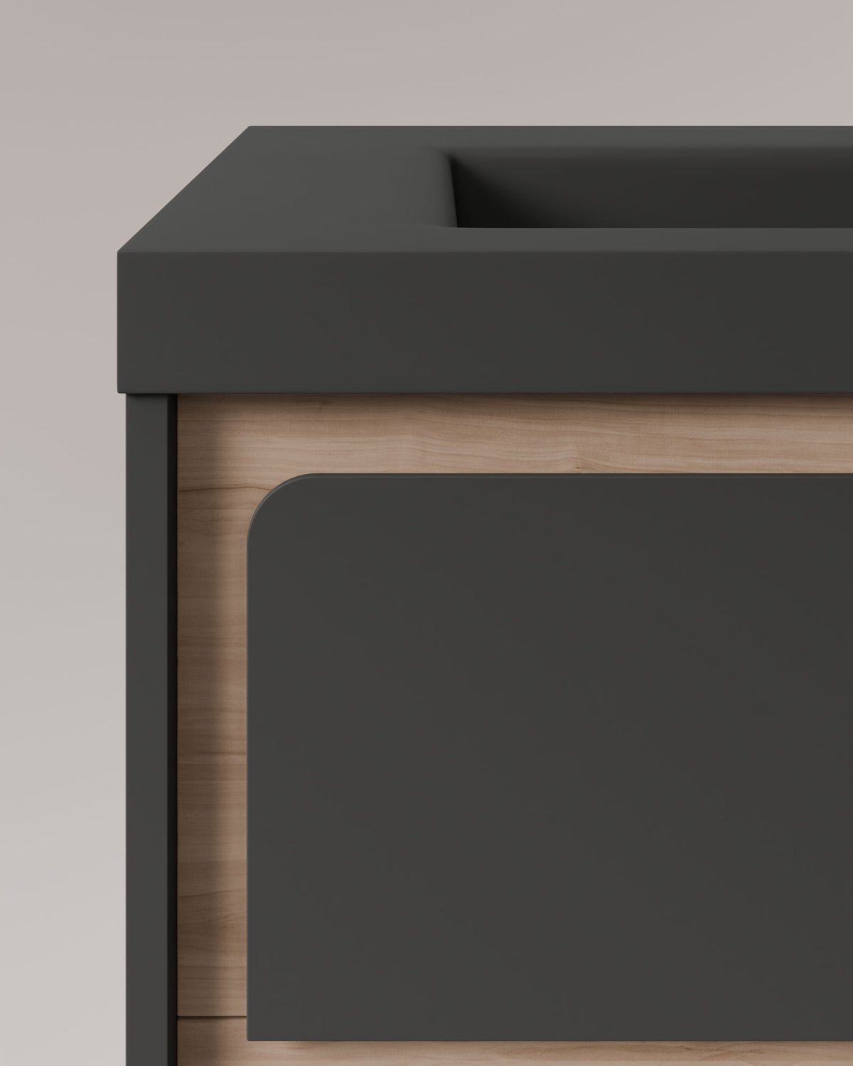Cyra 2 tiroirs Gris Cendré Chêne Ivoire – avec plan vasque Ardelia Gris Cendré, Tablier 6 cm, avec trou de robinet, vue de détail