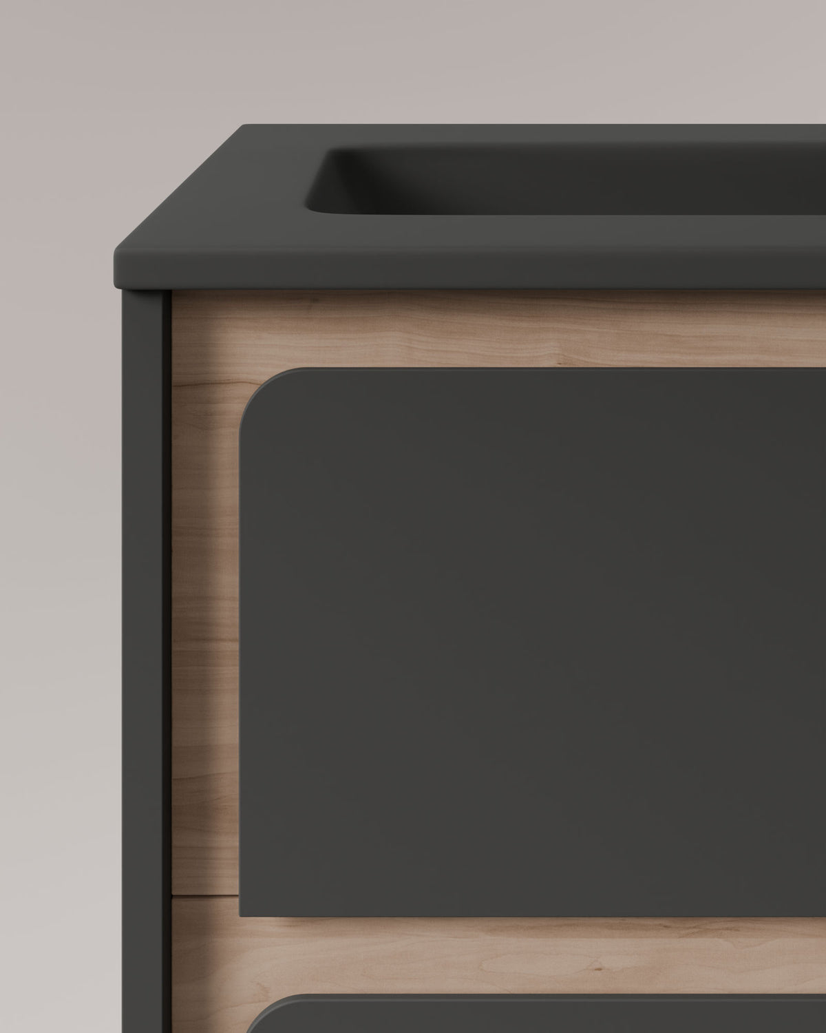 Cyra 2 tiroirs Gris Cendré Chêne Ivoire – avec plan vasque Meira Gris Cendré, Tablier 2 cm, avec trou de robinet, vue de détail