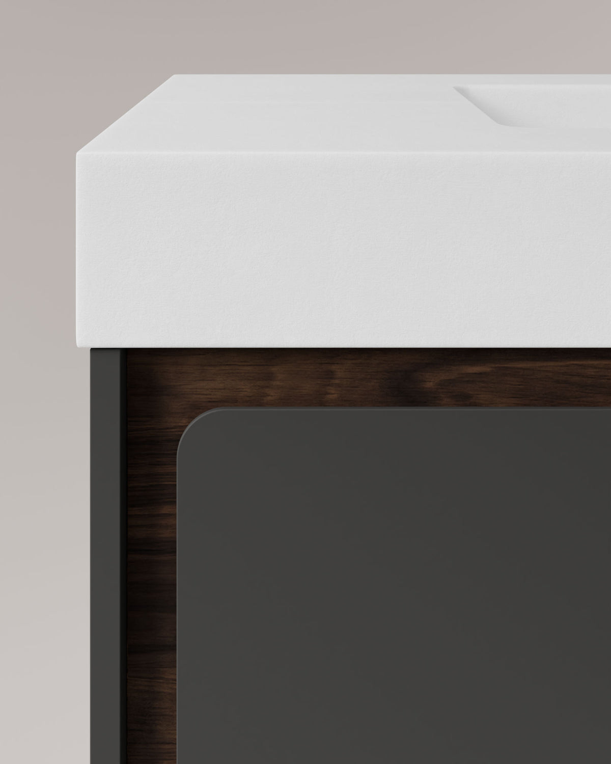 Cyra 2 cajones gris ceniza nogal – con lavabo integrado Toren Blanco, Faldón 10 cm, sin agujero de grifo, vista de detalle