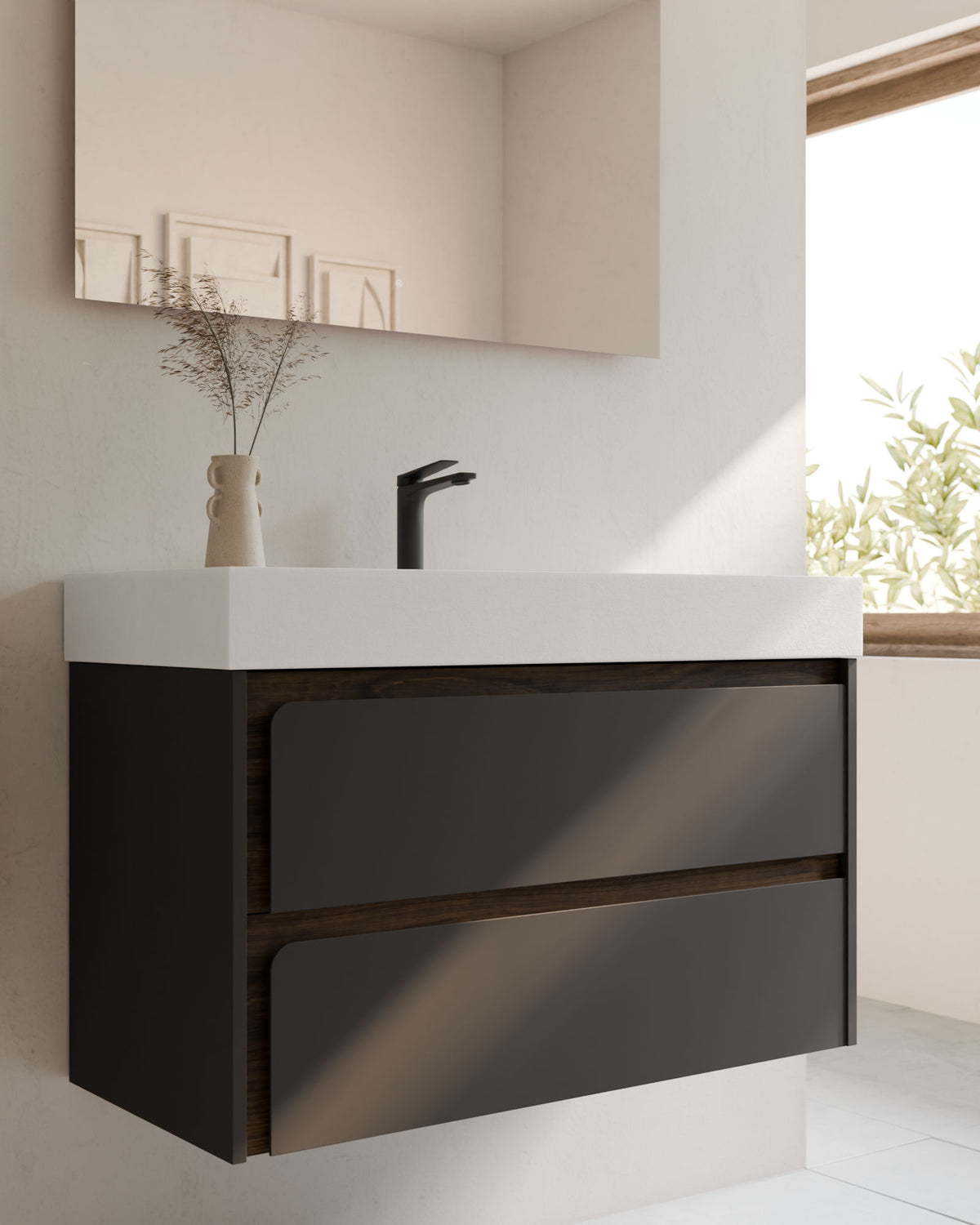 Cyra 2 cajones gris ceniza nogal – con lavabo integrado Toren Blanco, Faldón 10 cm, con agujero de grifo, primer plano