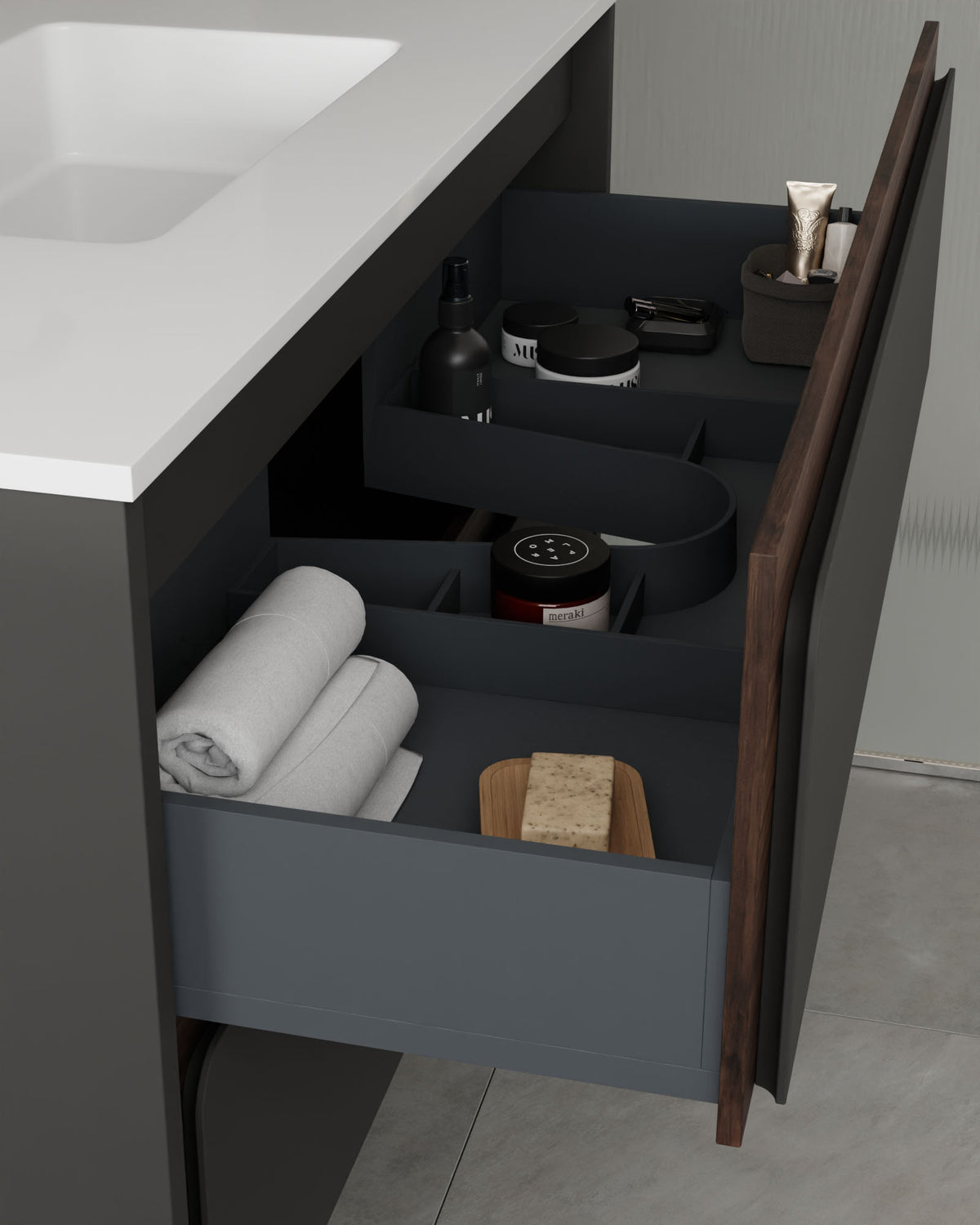 Cyra 2 cajones gris ceniza nogal – con lavabo integrado Toren Blanco, Faldón 10 cm, con agujero de grifo, vista del cajón