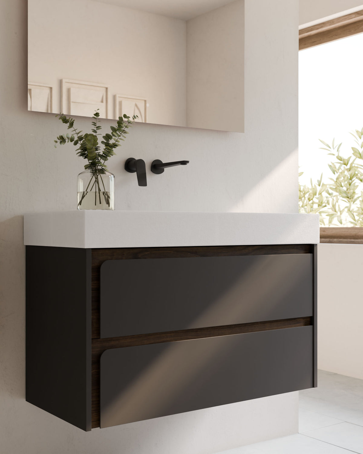Cyra 2 cajones gris ceniza nogal – con lavabo integrado Toren Blanco, Faldón 10 cm, sin agujero de grifo, primer plano