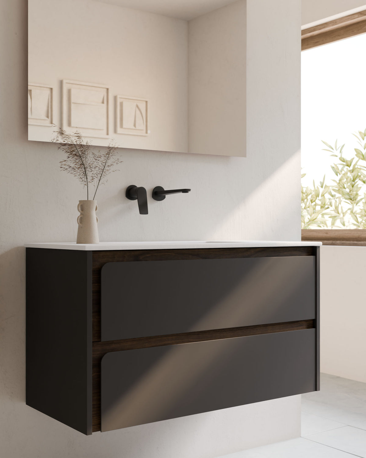 Cyra 2 cajones gris ceniza nogal – con lavabo integrado Toren Blanco, Faldón 2 cm, sin agujero de grifo, primer plano