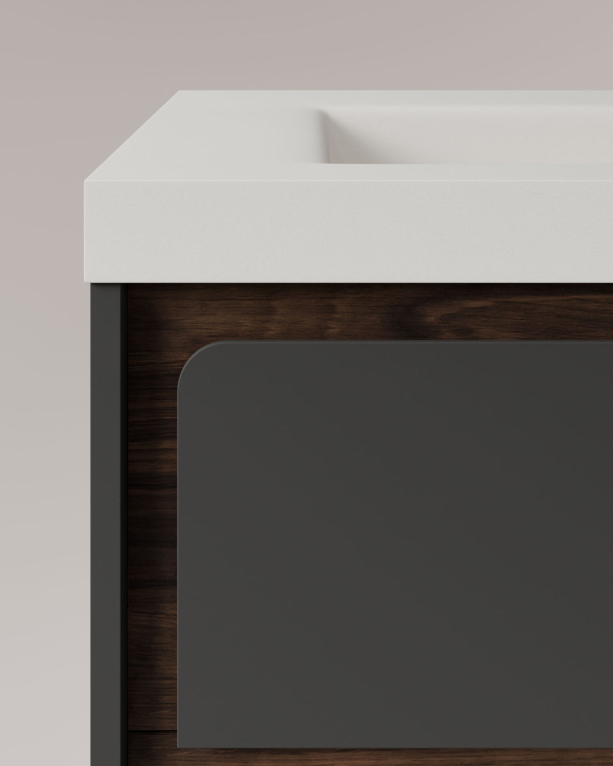 Cyra 2 cajones gris ceniza nogal – con lavabo integrado Ardelia Blanco, Faldón 6 cm, con agujero de grifo, vista de detalle