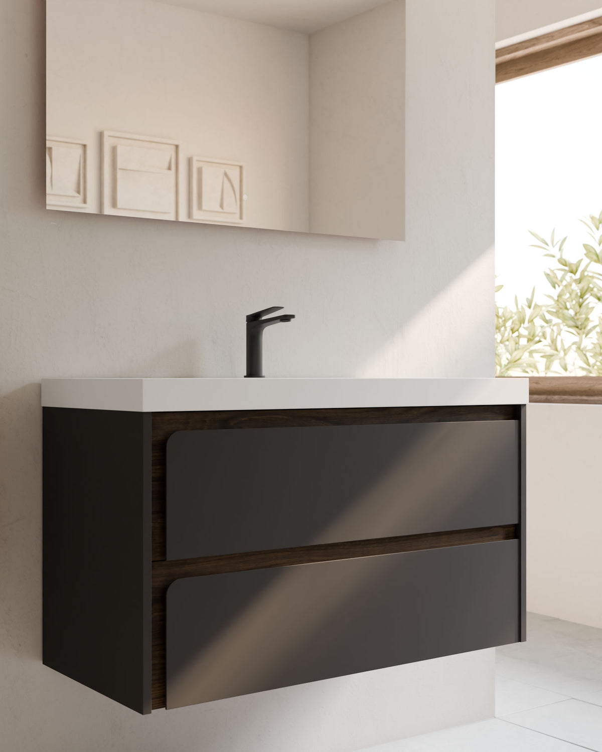 Cyra 2 cajones gris ceniza nogal – con lavabo integrado Ardelia Blanco, Faldón 6 cm, con agujero de grifo, primer plano