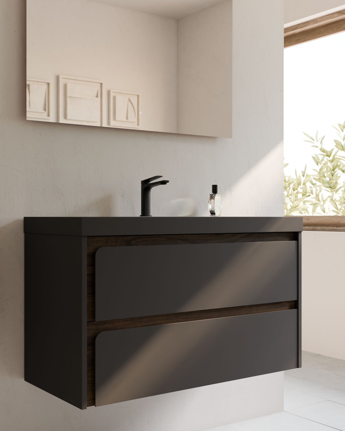 Cyra 2 cajones gris ceniza nogal – con lavabo integrado Ardelia Gris ceniza, Faldón 6 cm, con agujero de grifo, primer plano