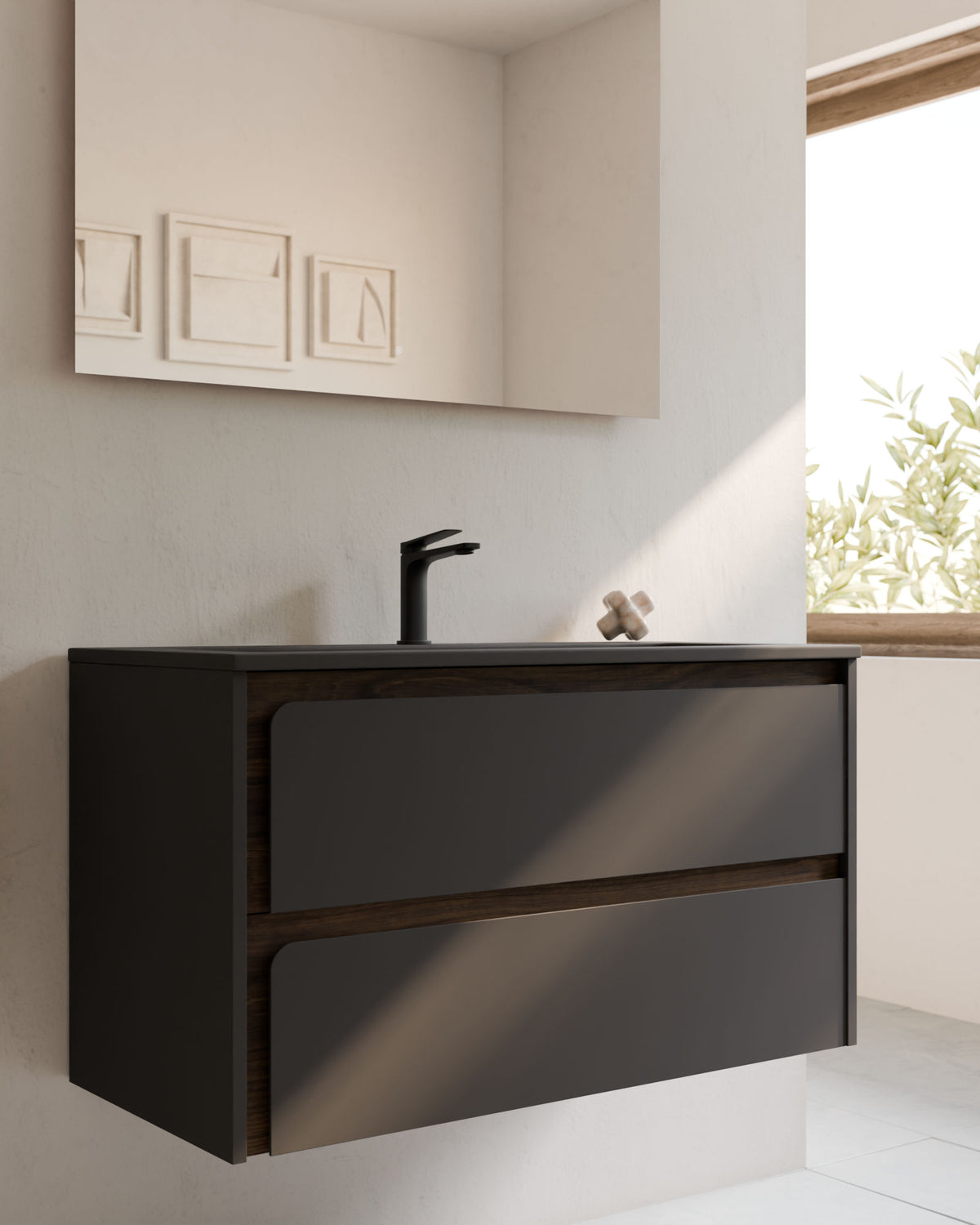 Cyra 2 cajones gris ceniza nogal – con lavabo integrado Meira Gris ceniza, Faldón 2 cm, con agujero de grifo, primer plano