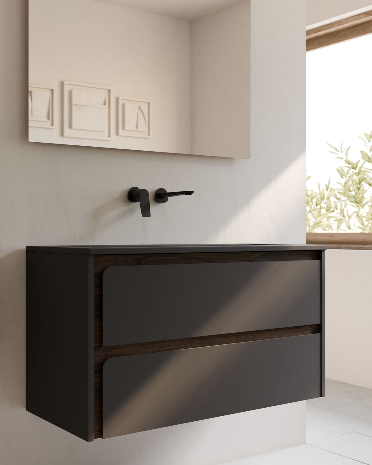 Cyra 2 cajones gris ceniza nogal – con lavabo integrado Meira Gris ceniza, Faldón 2 cm, sin agujero de grifo, primer plano