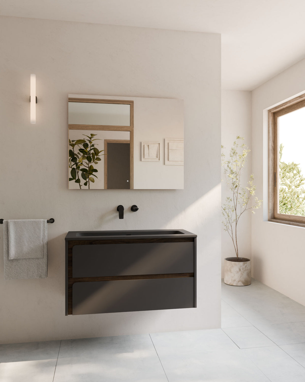 Cyra 2 cajones gris ceniza nogal – con lavabo integrado Meira Gris ceniza, Faldón 2 cm, sin agujero de grifo, vista frontal
