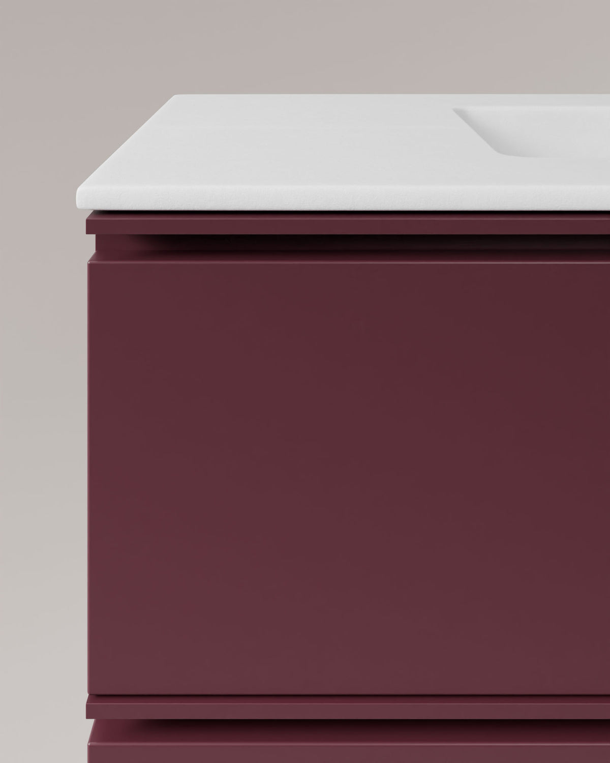Ronda 2 Schubladen Bordeaux Bordeaux – mit Möbelwaschtisch Toren Weiß, Schürze 2 cm, mit Hahnloch, Detailansicht