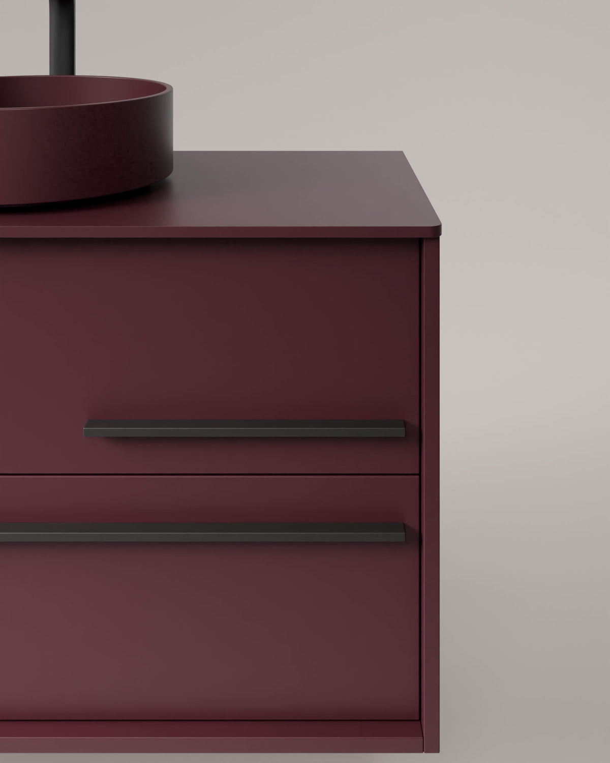 Marel 2 Schubladen Bordeaux Graphit – mit Arbeitsplatte Bordeaux, Detailansicht