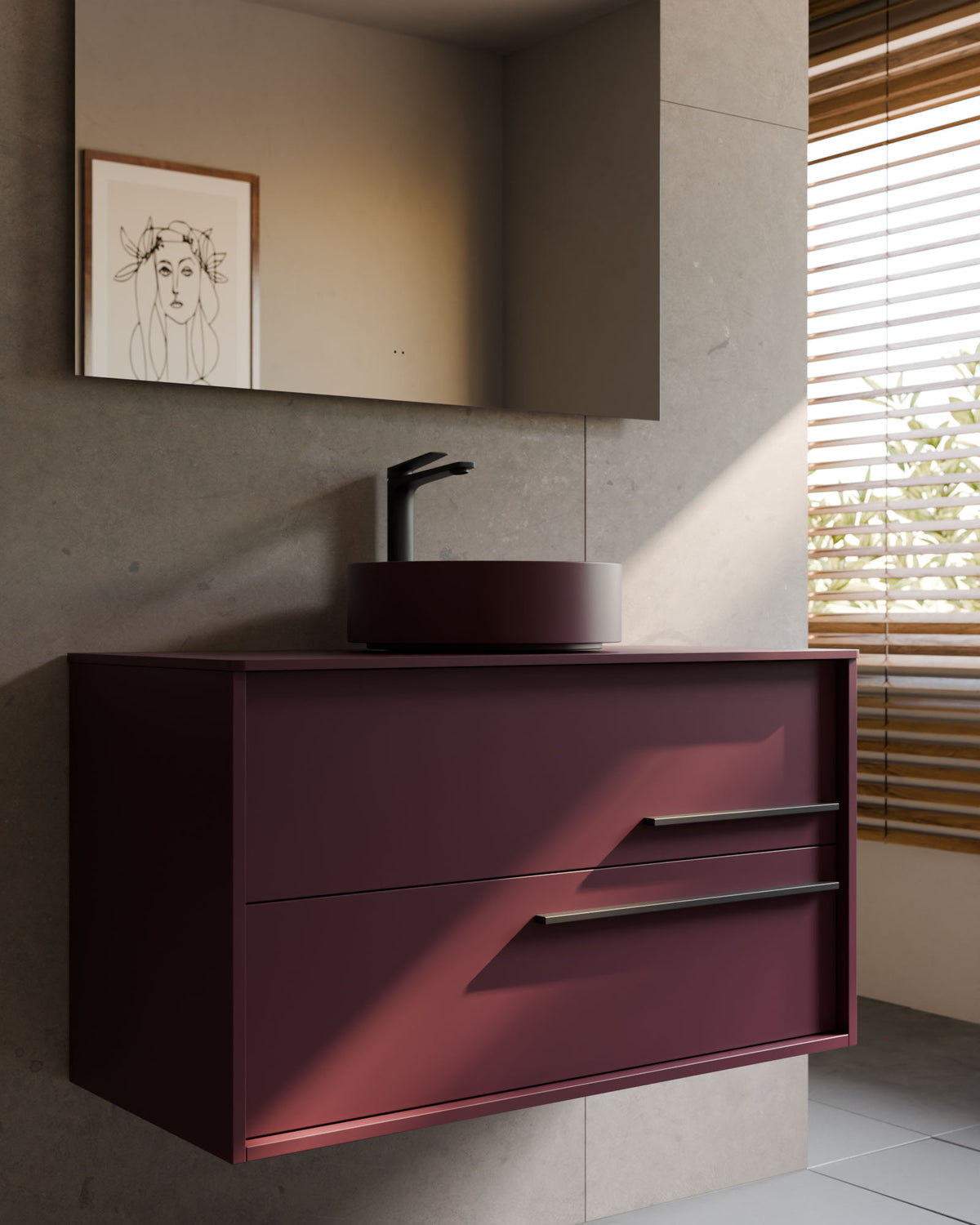 Marel 2 Schubladen Bordeaux Graphit – mit Arbeitsplatte Bordeaux, Nahaufnahme