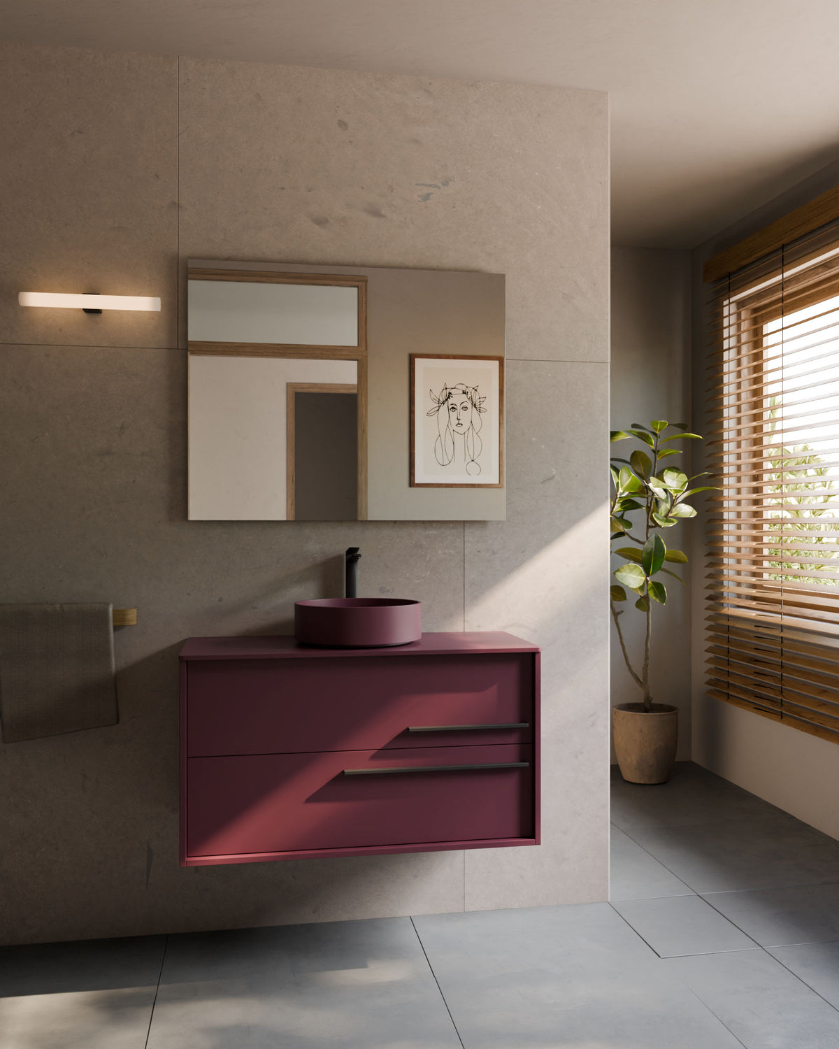 Marel 2 Schubladen Bordeaux Graphit – mit Arbeitsplatte Bordeaux, Frontansicht