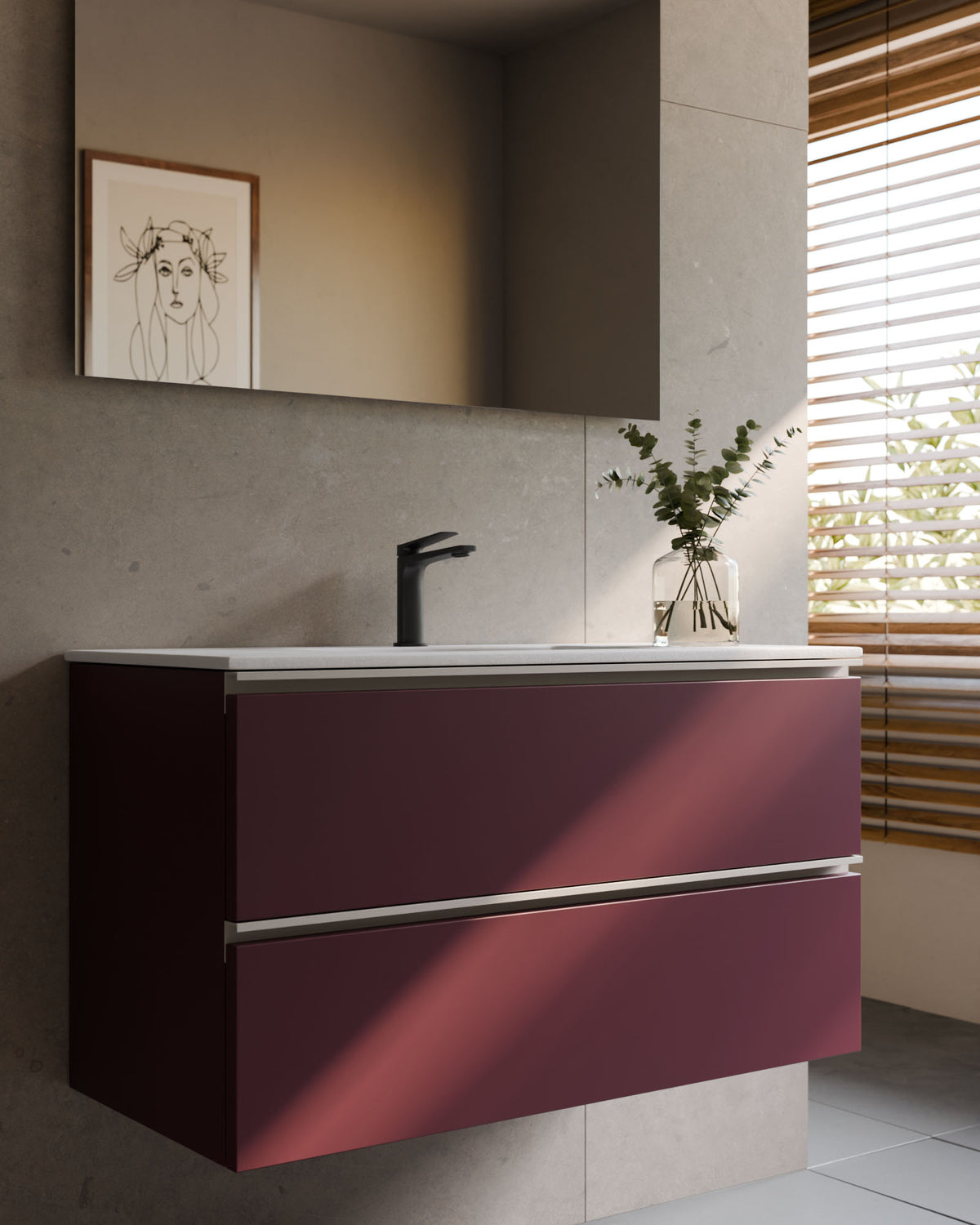 Ronda 2 cajones burdeos blanco – con lavabo integrado Toren Blanco, Faldón 2 cm, con agujero de grifo, primer plano