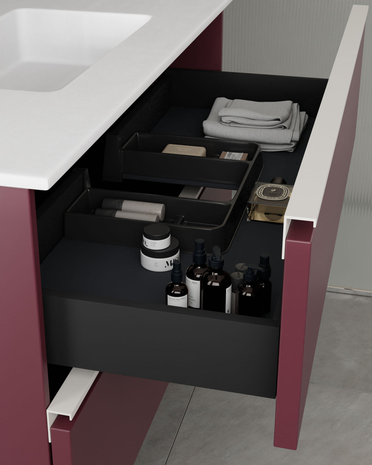 Ronda 2 cajones burdeos blanco – con lavabo integrado Toren Blanco, Faldón 2 cm, sin agujero de grifo, vista del cajón