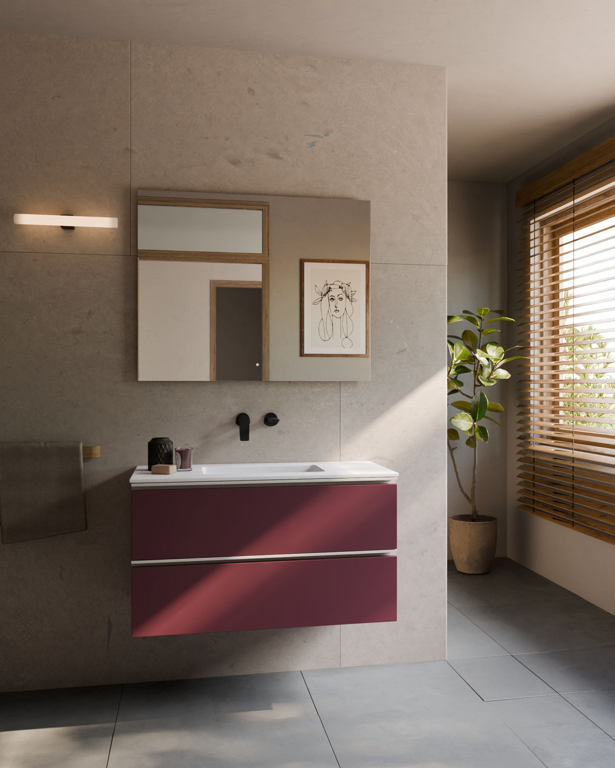 Ronda 2 cajones burdeos blanco – con lavabo integrado Toren Blanco, Faldón 2 cm, sin agujero de grifo, vista frontal