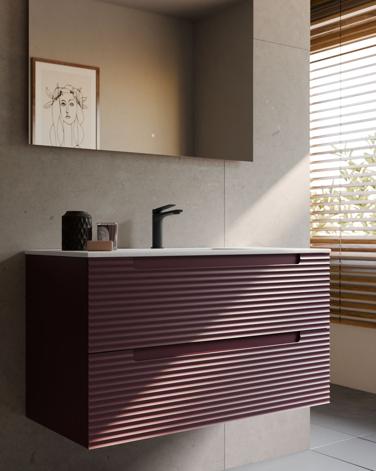 Kairo 2 tiroirs bordeaux – avec plan vasque Toren Blanc, Tablier 2 cm, avec trou de robinet, gros plan
