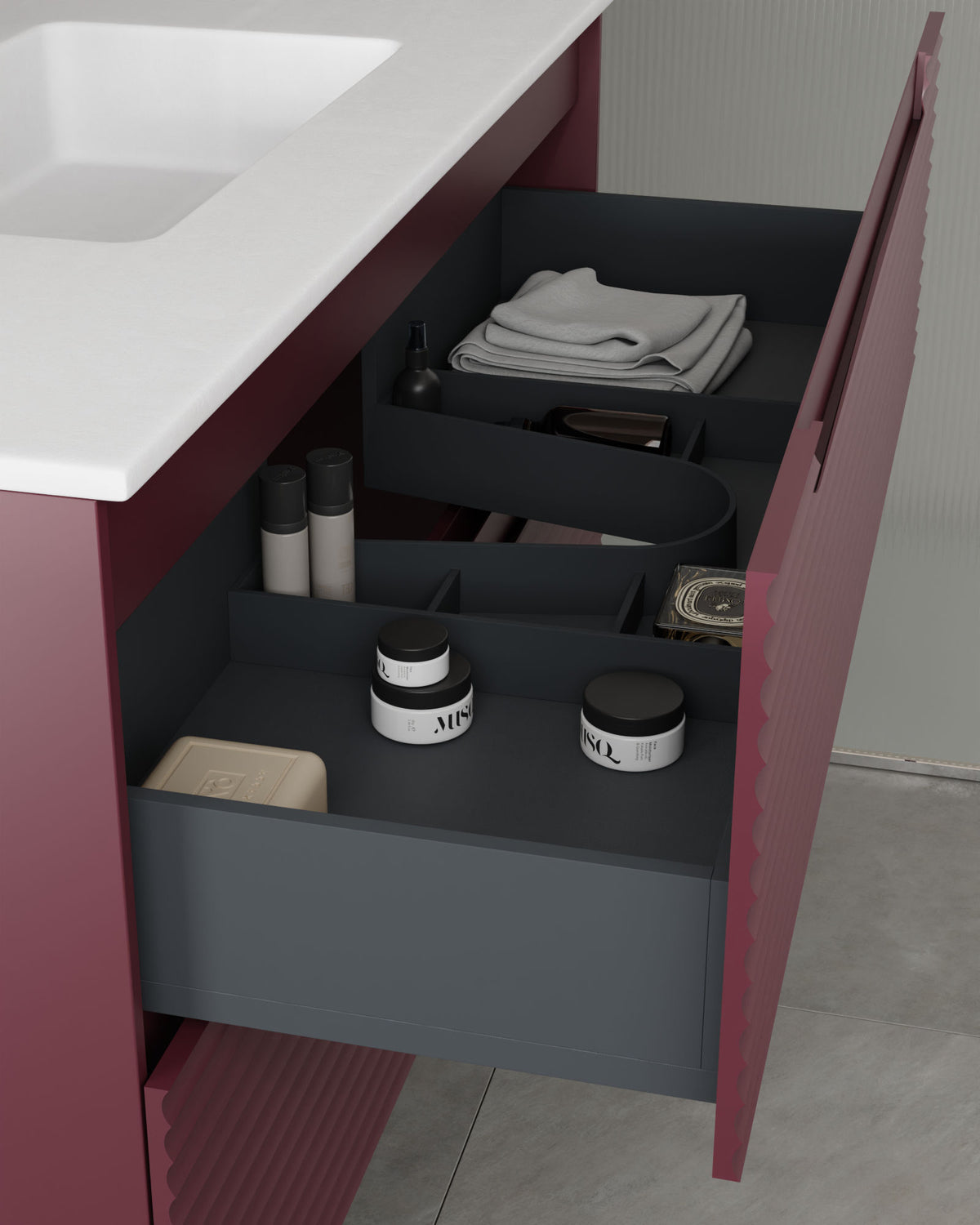 Kairo 2 Schubladen Bordeaux – mit Möbelwaschtisch Toren Weiß, Schürze 2 cm, mit Hahnloch, Schubladenansicht