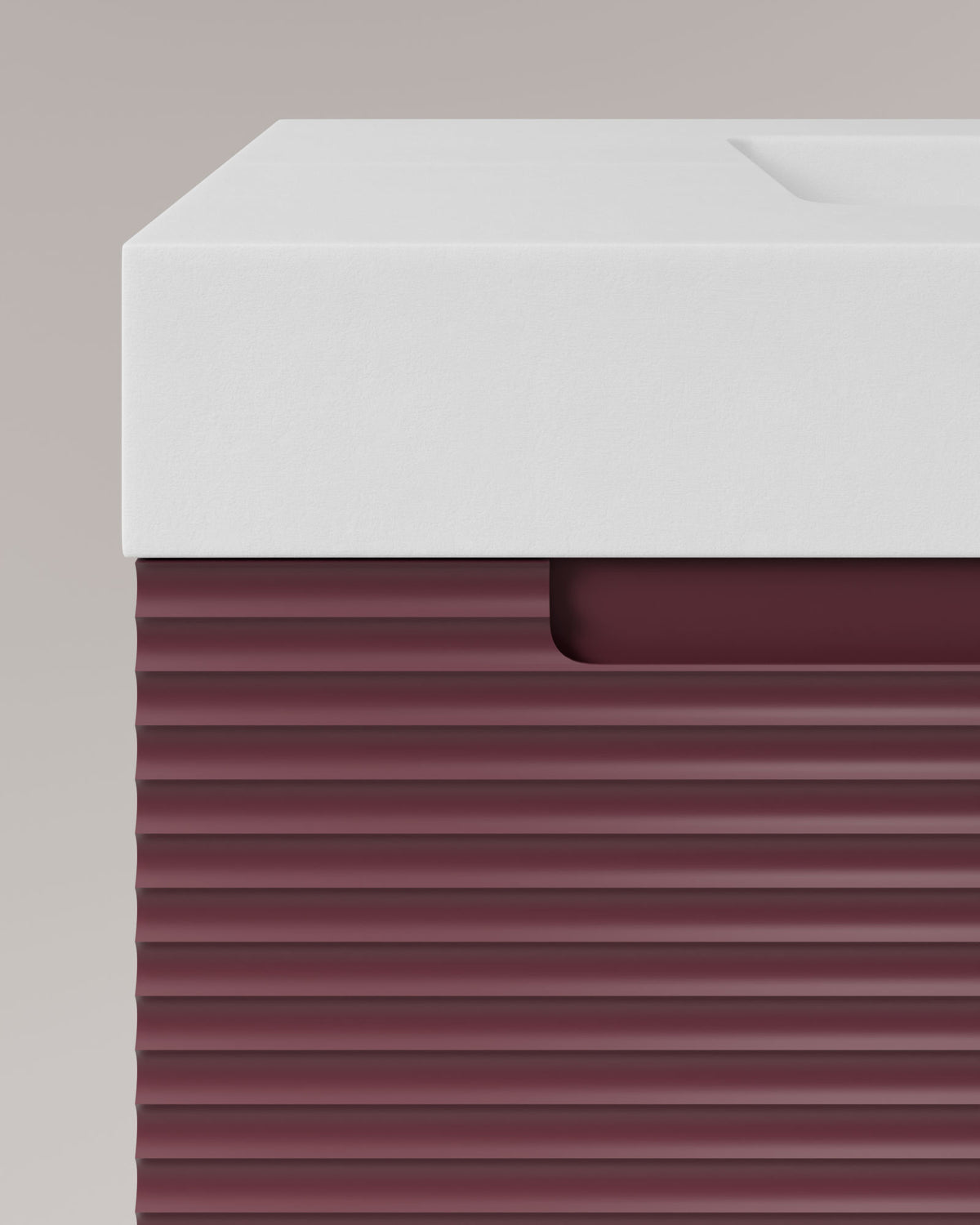 Kairo 2 Schubladen Bordeaux – mit Möbelwaschtisch Toren Weiß, Schürze 10 cm, mit Hahnloch, Detailansicht