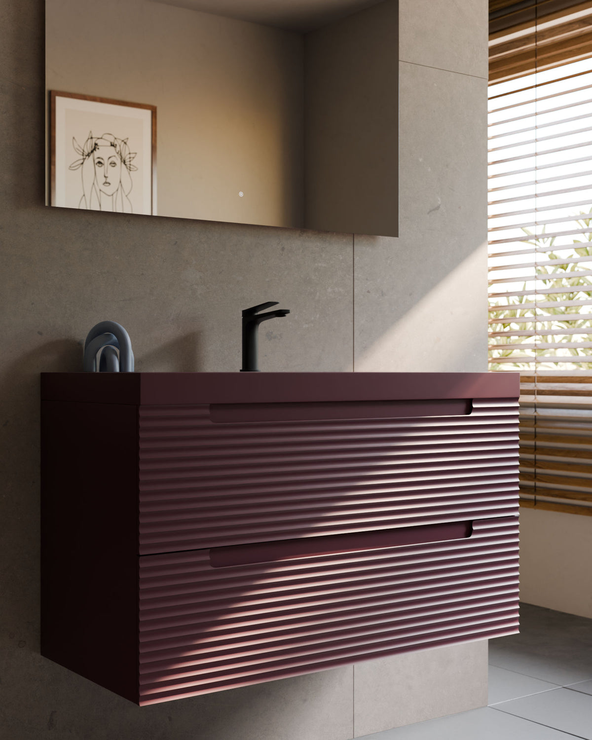 Kairo 2 Schubladen Bordeaux – mit Möbelwaschtisch Ardelia Bordeaux, Schürze 6 cm, mit Hahnloch, Nahaufnahme