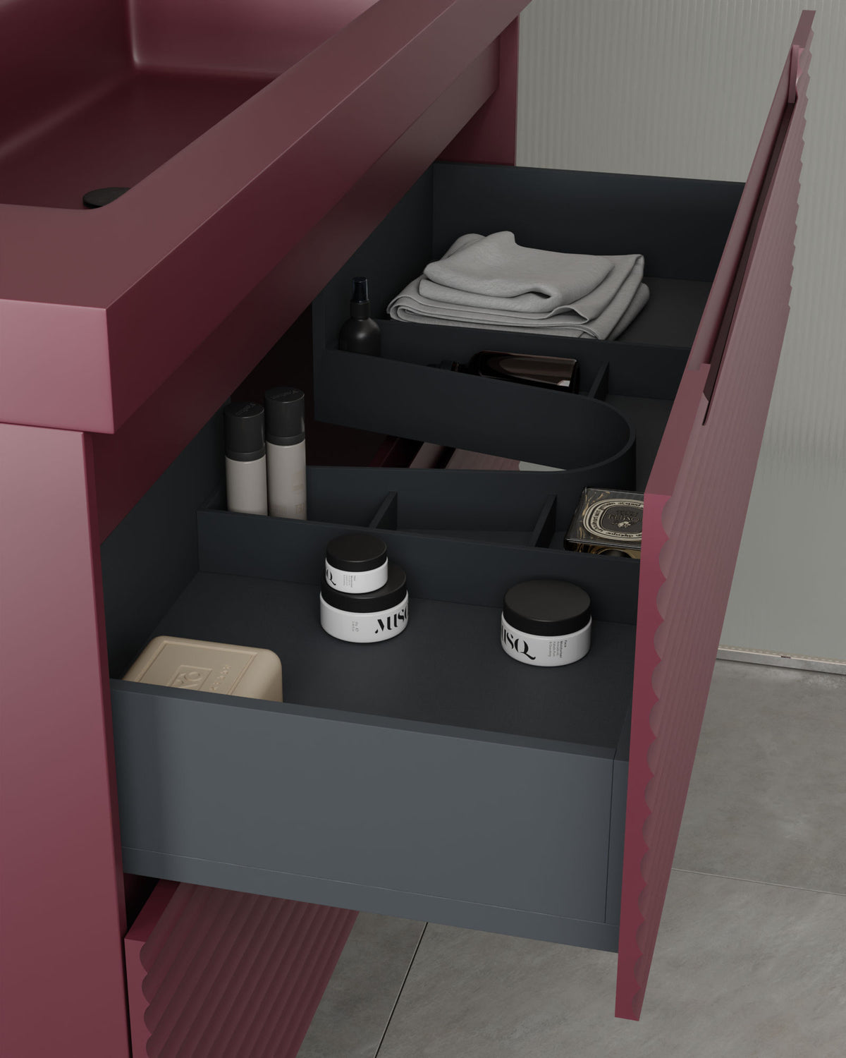 Kairo 2 Schubladen Bordeaux – mit Möbelwaschtisch Ardelia Bordeaux, Schürze 6 cm, mit Hahnloch, Schubladenansicht